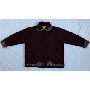 Woolrich Embroidered Sweater Cabernet 100% Wool Cardigan Floral Button Up Sz 2XL